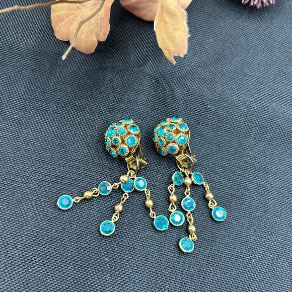 Vintage Turquoise Crystal Convertible Drop Dangle Clip On Earrings - Picture 6 of 6